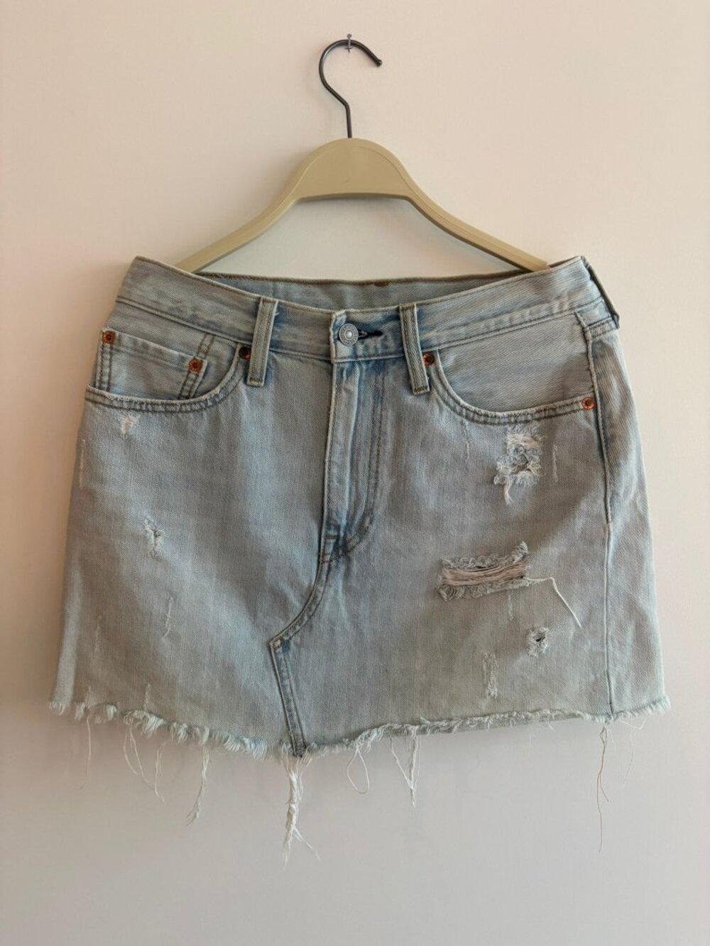 Levi's Light Wash Distressed Denim Mini Skirt | Size 28
